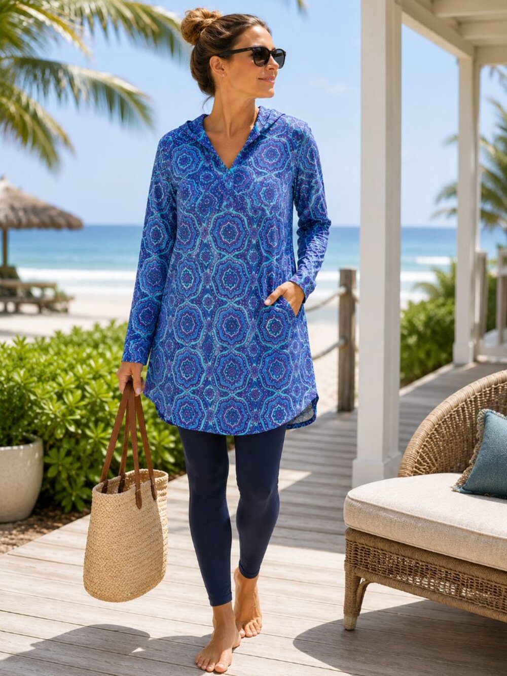 Coolibar UPF 50+ Hooded Swim Cover Up Tunic Paisley Medium Sun Protection